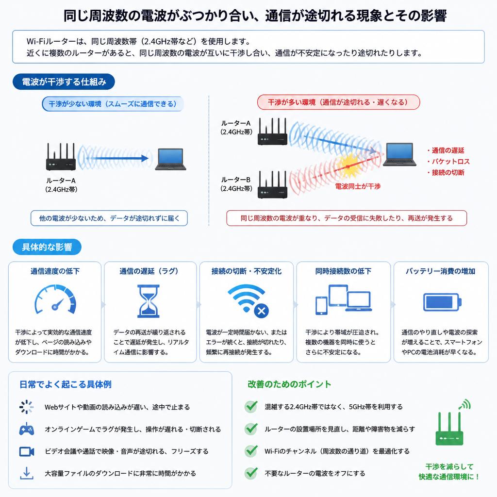 デメリット1: 電波の干渉による通信の途切れ