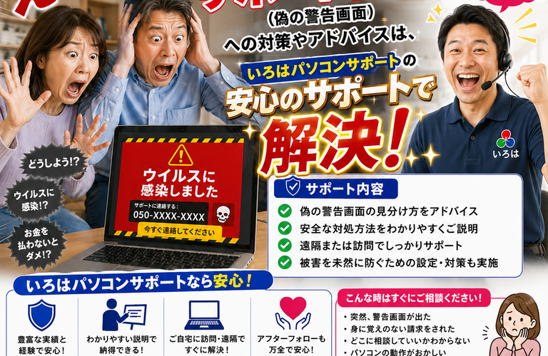 画面に突然「ウイルスに感染しました」と出て金銭を要求してくる「サポート詐欺（偽の警告画面）」への対策やアドバイスは、「いろはパソコンサポート」で解決！