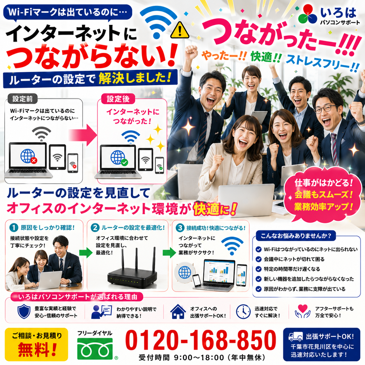 スマートフォンやパソコンの画面にWi?Fi扇型のマークは出ているのにインターネットがつながらないで困っている！パソコントラブル即解決！｜千葉県パソコン修理、トラブル解決、設定、データ復旧、レッスン等、出張サポートにて駆けつけます！いろはパソコンサポート