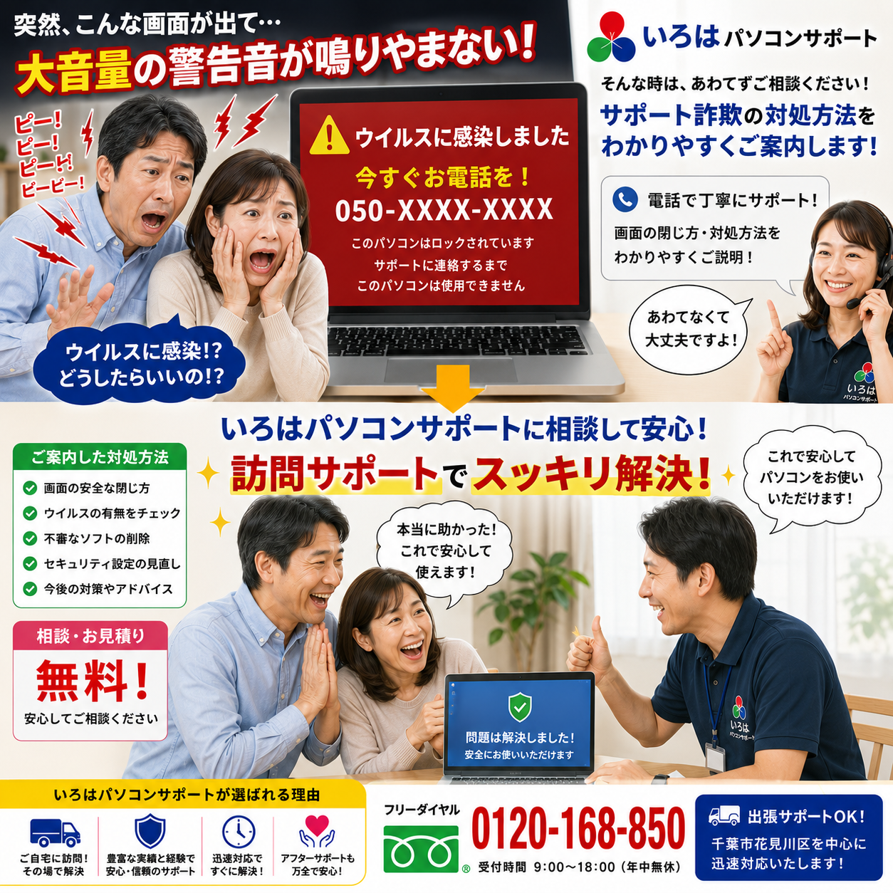 サポート詐欺（偽のセキュリティ警告）は、2026年現在も被害報告や相談件数が右肩上がりで増加し続けている最も危険なネット犯罪の一つです！パソコントラブル即解決！｜千葉県パソコン修理、トラブル解決、設定、データ復旧、レッスン等、出張サポートにて駆けつけます！いろはパソコンサポート