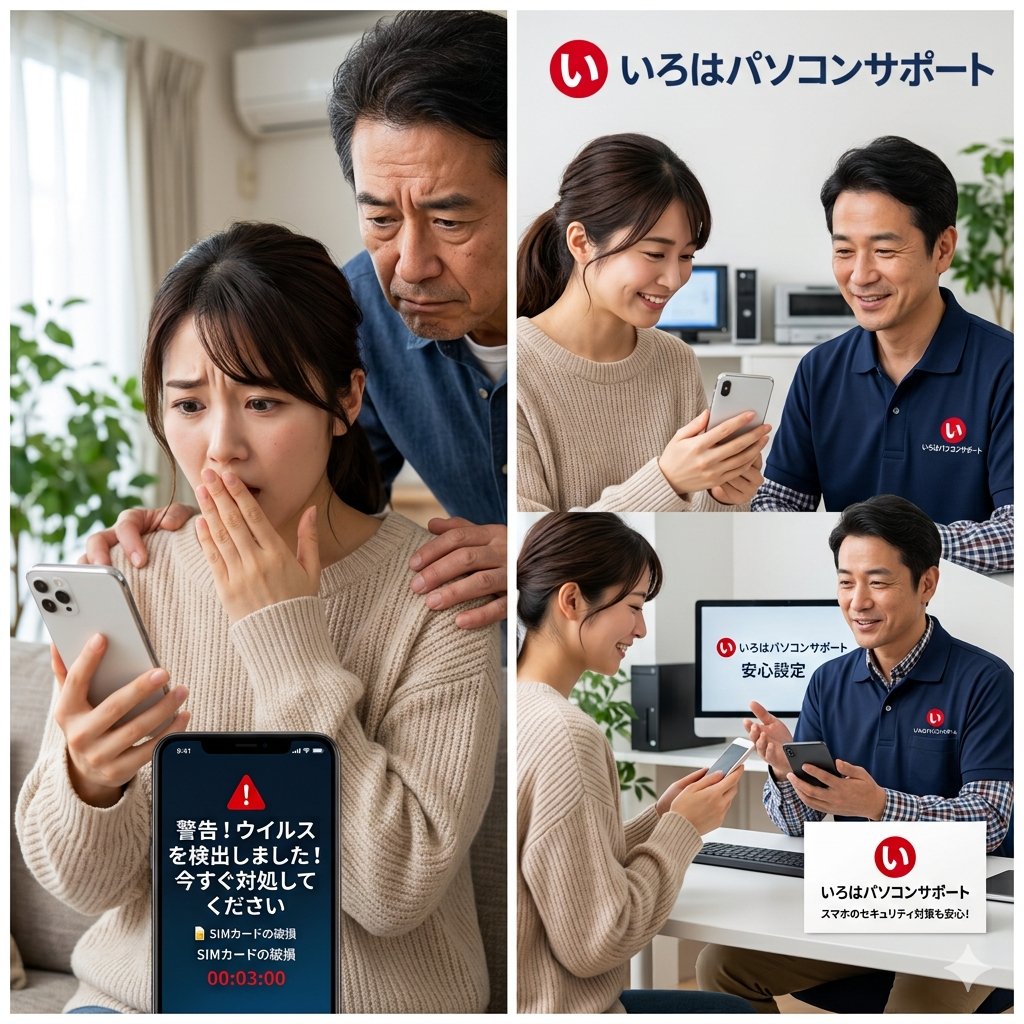 スマートフォンにも、パソコンと似た「サポート詐欺」型の偽警告があります！パソコントラブル即解決！｜千葉県パソコン修理、トラブル解決、設定、データ復旧、レッスン等、出張サポートにて駆けつけます！いろはパソコンサポート