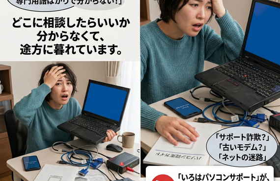 大手のサポート窓口に電話をしても「自動音声のままずっと繋がらない」「専門用語ばかりで何を言っているか分からない」「たらい回しにされて結局直らなかった」と、どこに相談したらいいか分からず途方に暮れてしまった経験はありませんか？パソコントラブル即解決！｜千葉県パソコン修理、トラブル解決、設定、データ復旧、レッスン等、出張サポートにて駆けつけます！いろはパソコンサポート