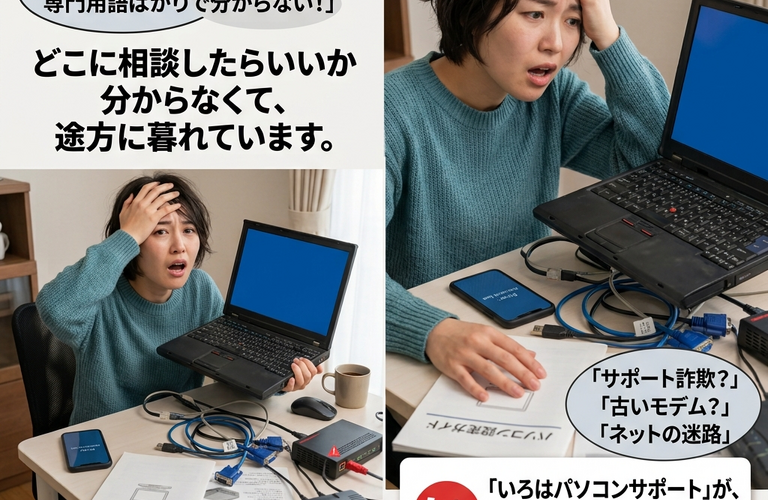 大手のサポート窓口に電話をしても「自動音声のままずっと繋がらない」「専門用語ばかりで何を言っているか分からない」「たらい回しにされて結局直らなかった」と、どこに相談したらいいか分からず途方に暮れてしまった経験はありませんか？パソコントラブル即解決！｜千葉県パソコン修理、トラブル解決、設定、データ復旧、レッスン等、出張サポートにて駆けつけます！いろはパソコンサポート