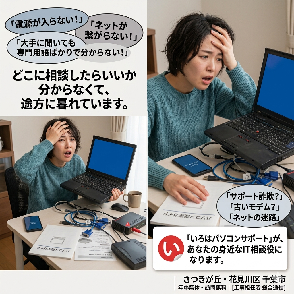 大手のサポート窓口に電話をしても「自動音声のままずっと繋がらない」「専門用語ばかりで何を言っているか分からない」「たらい回しにされて結局直らなかった」と、どこに相談したらいいか分からず途方に暮れてしまった経験はありませんか？パソコントラブル即解決！｜千葉県パソコン修理、トラブル解決、設定、データ復旧、レッスン等、出張サポートにて駆けつけます！いろはパソコンサポート