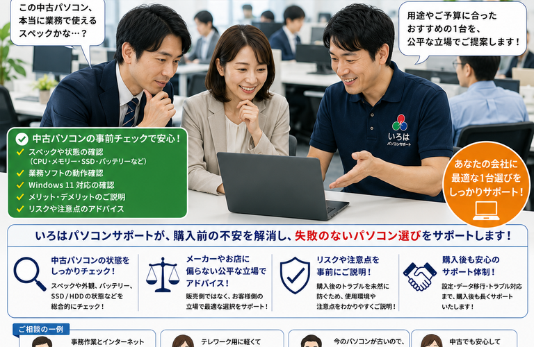 中古パソコンの購入には、費用を大幅に抑えられる大きなメリットがある一方で、パーツの寿命や保証期間など、購入前に必ず確認しておくべき重要な注意点が存在します！パソコントラブル即解決！｜千葉県パソコン修理、トラブル解決、設定、データ復旧、レッスン等、出張サポートにて駆けつけます！いろはパソコンサポート
