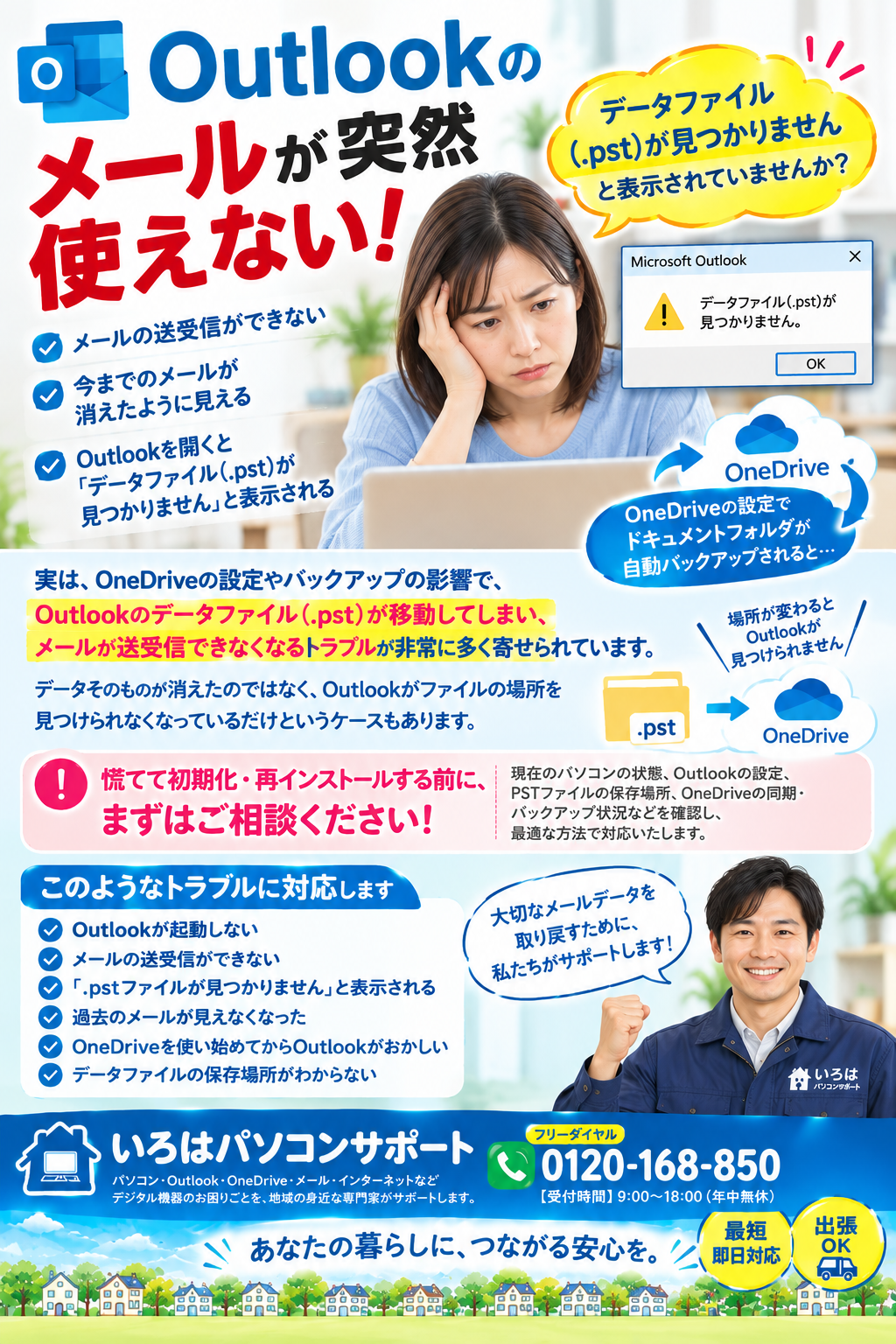 Outlookのメールが突然使えない！ 「データファイル（.pst）が見つかりません」と表示されていませんか？  「昨日まで普通にメールを送受信できていたのに、突然できなくなった……」  「今までのメールが消えてしまったように見える……」  そんなOutlookのトラブルでお困りではありませんか？パソコントラブル即解決！｜千葉県パソコン修理、トラブル解決、設定、データ復旧、レッスン等、出張サポートにて駆けつけます！いろはパソコンサポート