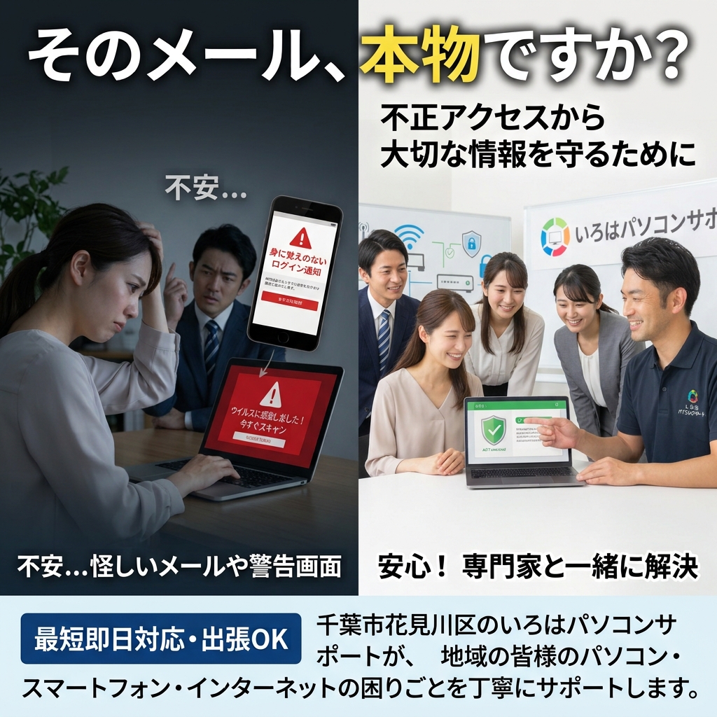 そのメール、本物ですか？ フィッシング対策！ 今、できることを一緒に確認しませんか？総合的なセキュリティ相談｜千葉県パソコン修理、トラブル解決、設定、データ復旧、レッスン等、出張サポートにて駆けつけます！いろはパソコンサポート